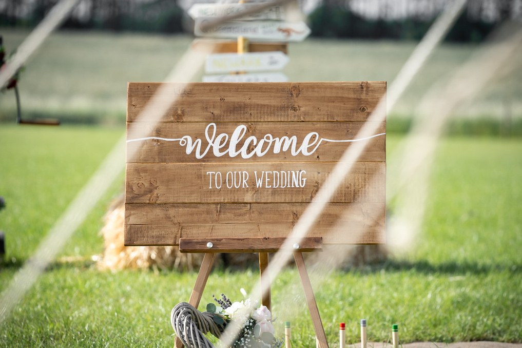 Welcome to our wedding rustic wooden sign at farm wedding